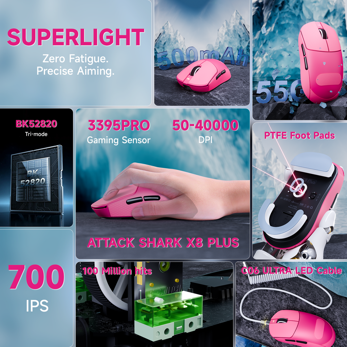 Mouse da gaming wireless tri-modalità ATTACK SHARK X8 PLUS con cavo C06 ULTRA
