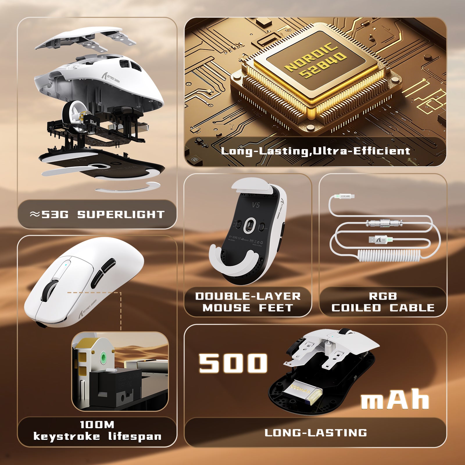 ATTACK SHARK V5 Mouse da Gioco Wireless 8KHz PAW3950MAX con Cavo C06 Ultra