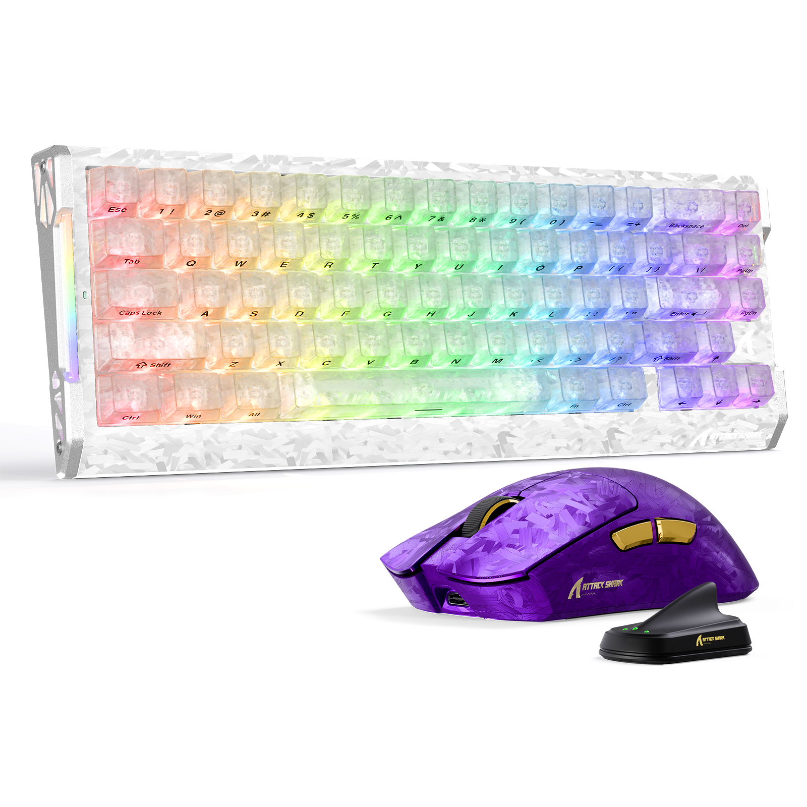 ATTACK SHARK X11 ULTRA keyboard with rainbow RGB and R68 HE forged carbon fiber gaming mouse.