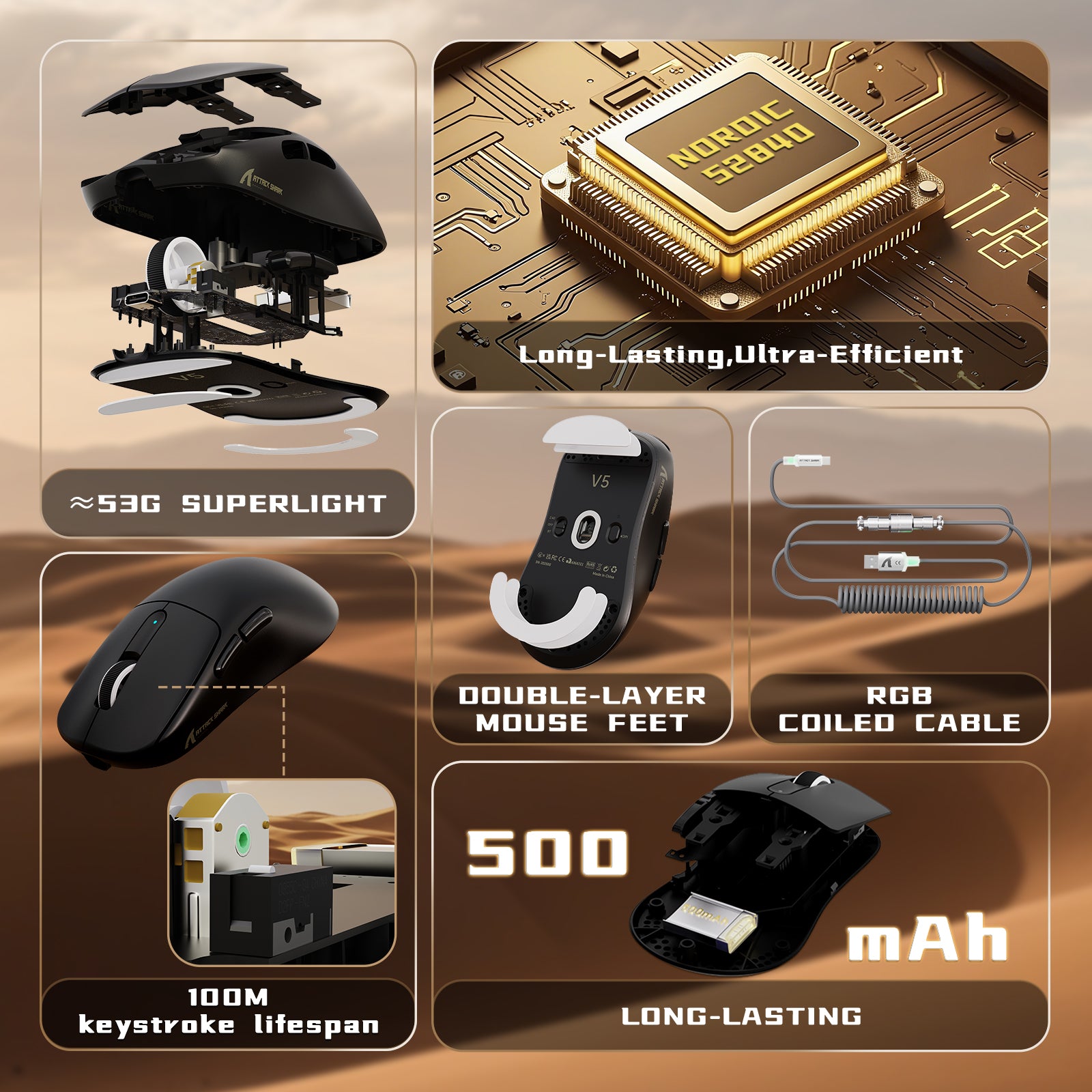 ATTACK SHARK V5 Mouse da Gioco Wireless 8KHz PAW3950MAX con Cavo C06 Ultra