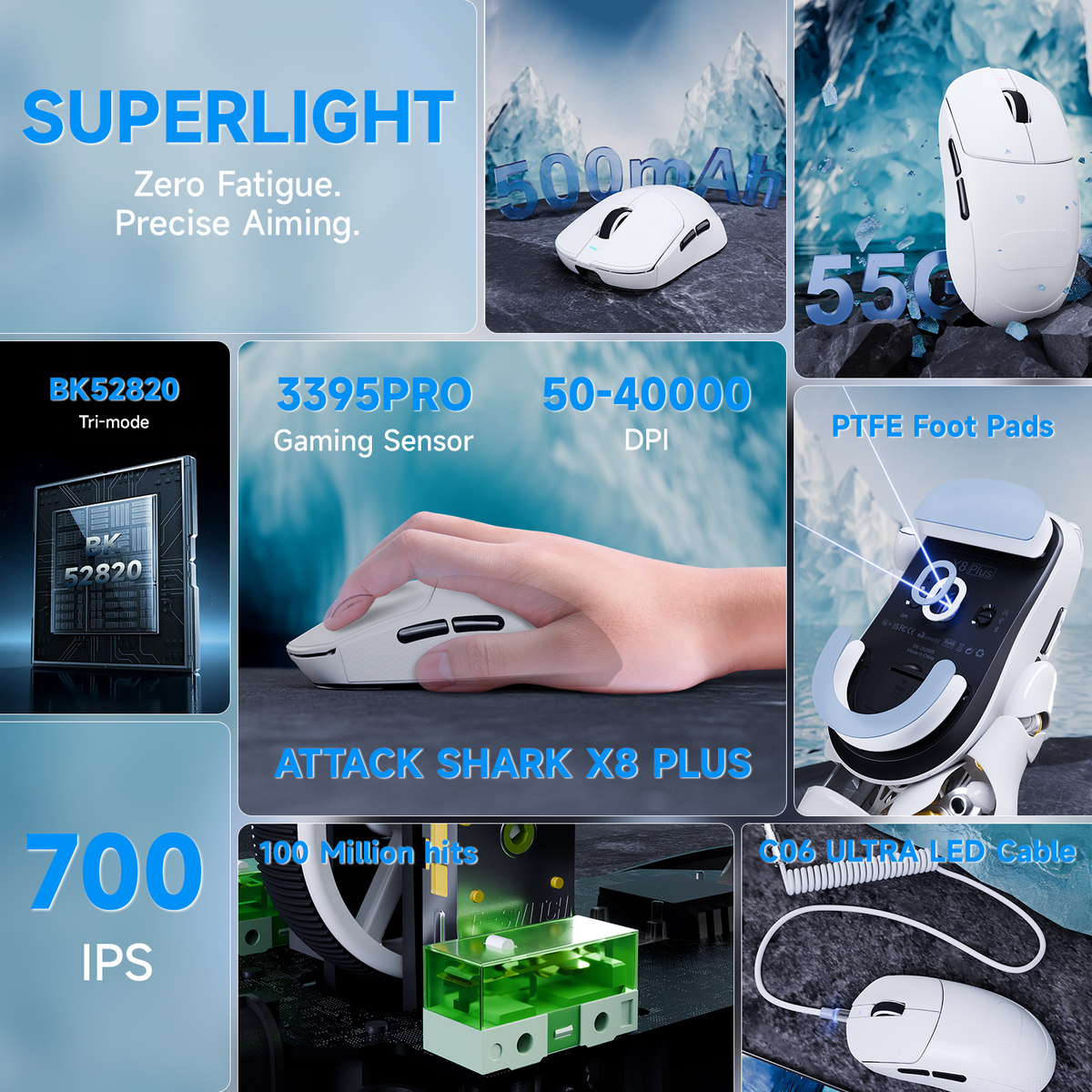 Mouse da gaming wireless tri-modalità ATTACK SHARK X8 PLUS con cavo C06 ULTRA