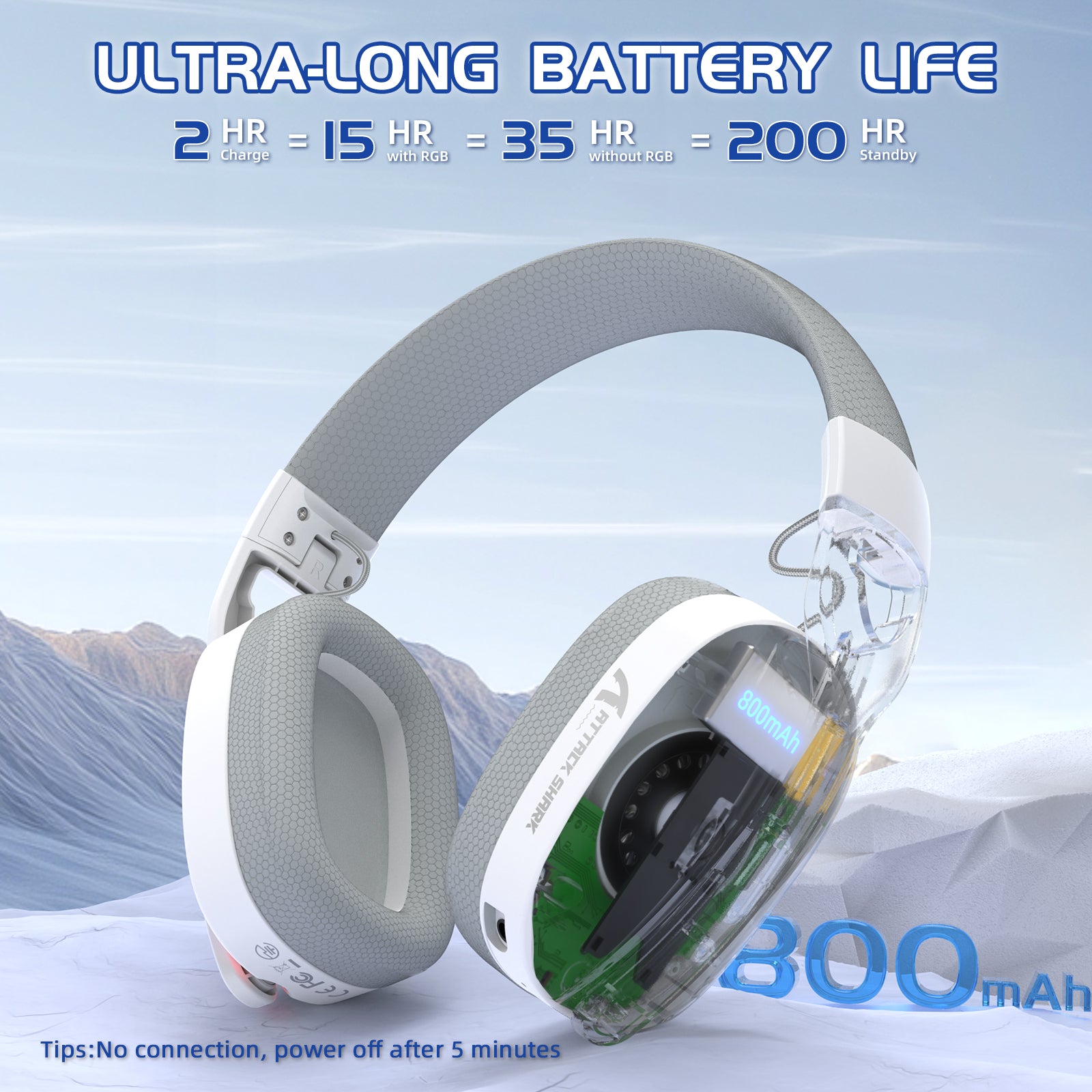 ATTACK SHARK L90 gaming headset with transparent earcups showing 800mAh battery and ultra-long battery life text