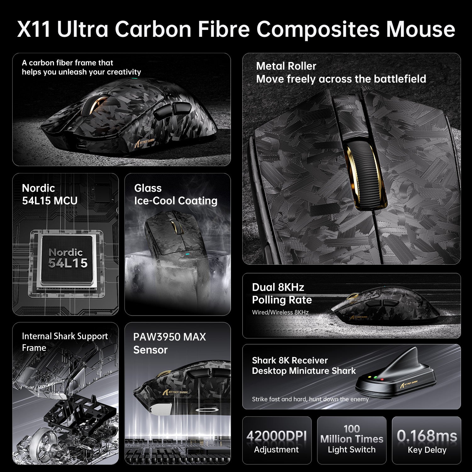 ATTACK SHARK X11 ULTRA Mouse da Gioco Wireless 8K in Fibra di Carbonio PAW3950MAX