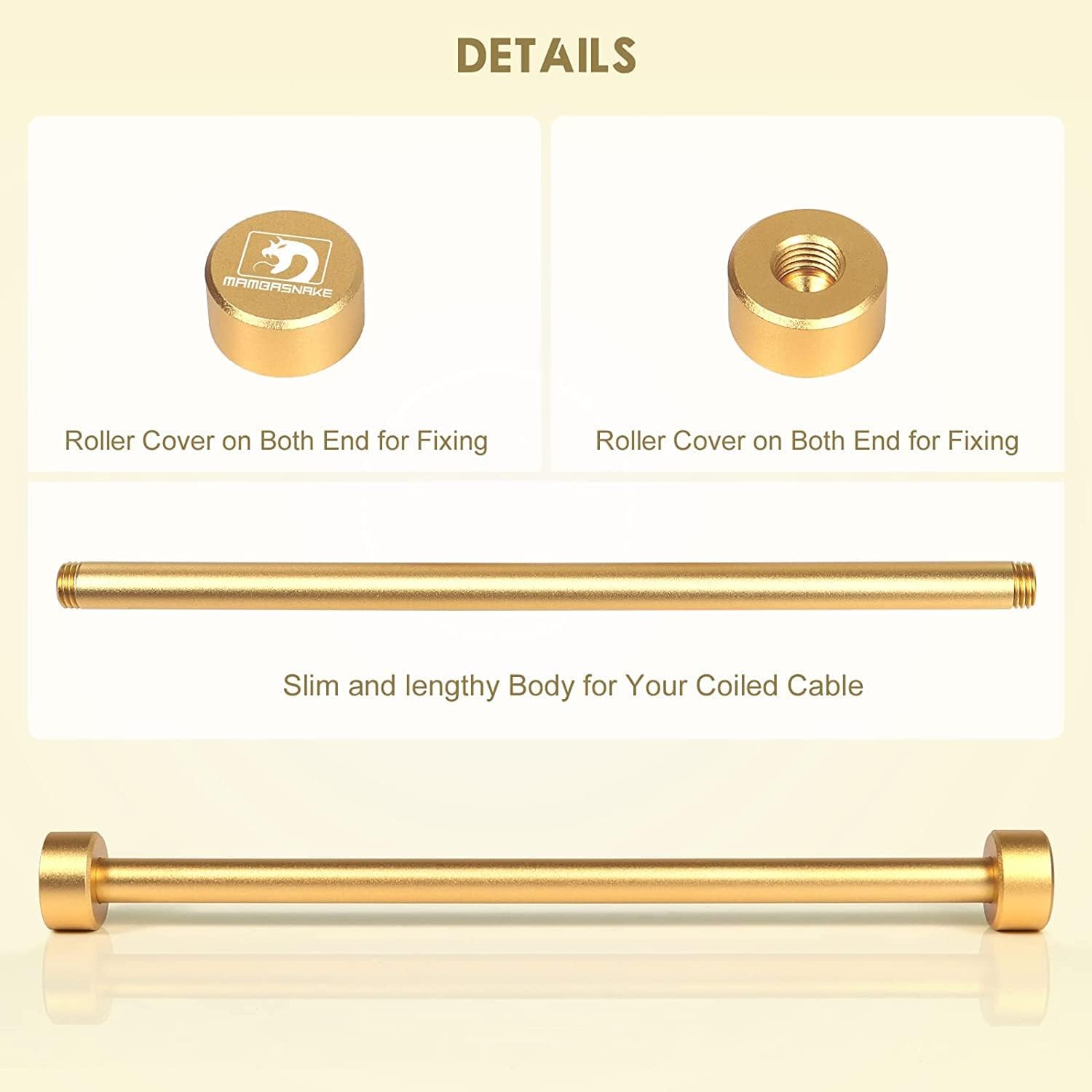 Gold coil winder components: detachable caps and slim body for coiled cables.