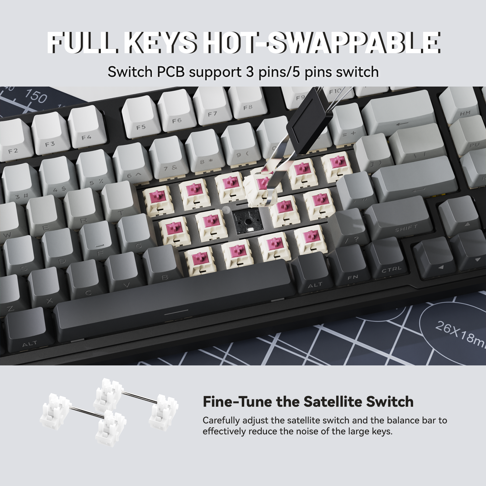 ATTACK SHARK X98 keyboard with hot-swappable switches being installed/removed. Full keys hot-swappable feature.