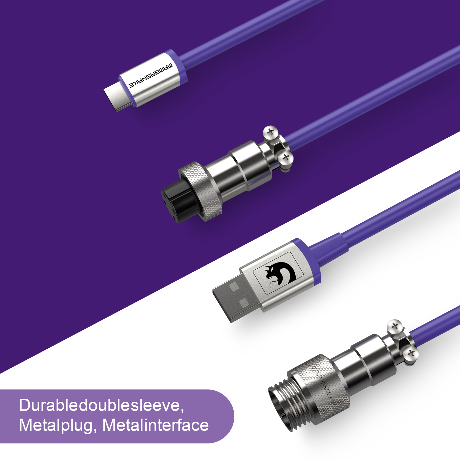 Purple ATTACK SHARK x MAMBASNAKE C01 coiled USB-C cable. Detachable metal aviator connector, double sleeve.
