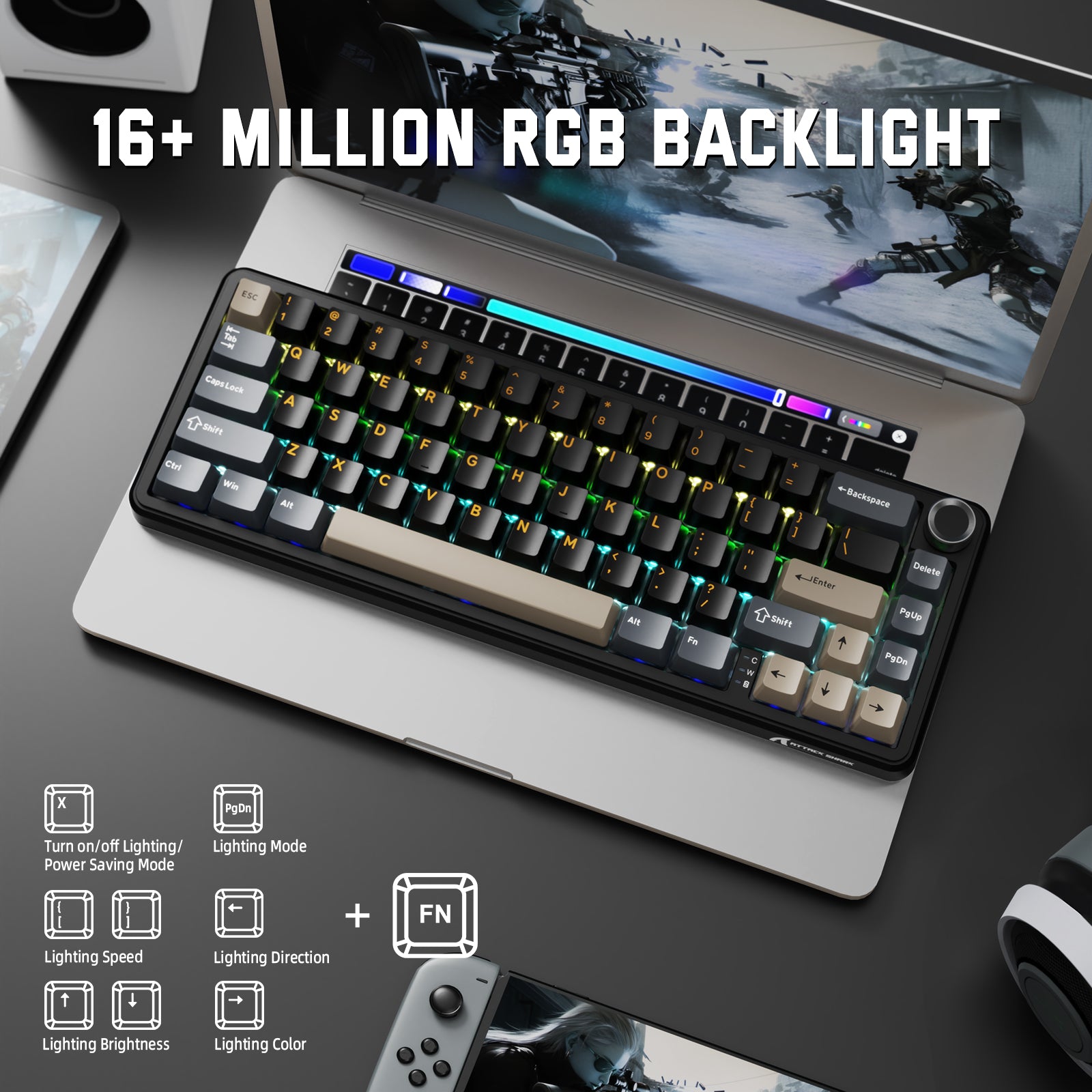 X66 wireless mechanical keyboard with RGB, side-printed keycaps, and volume knob.  Gaming keyboard.