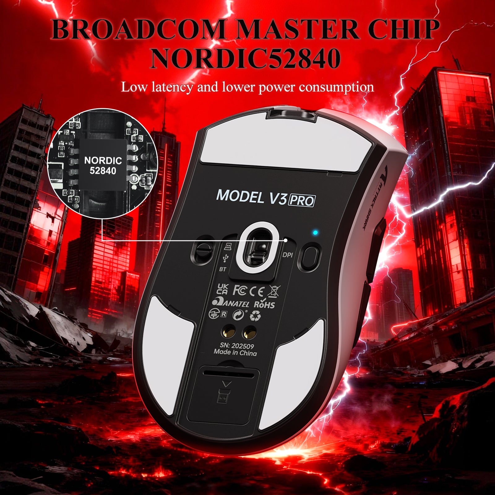 ATTACK SHARK V3PRO Mouse da Gioco Tri-Mode Ultra-Leggero con Dock di Ricarica