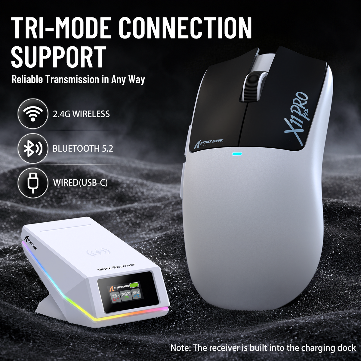 Mouse da gioco wireless ATTACK SHARK X11 PRO V2 con display TFT, dock di ricarica e cavo a spirale C06