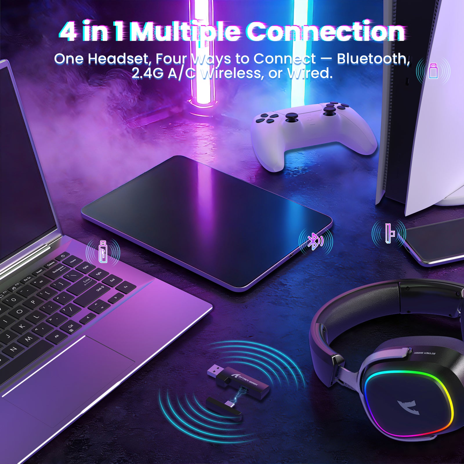Promotional image for G800 headset featuring 4-in-1 connections: Bluetooth, 2.4G, A/C Wireless, or Wired