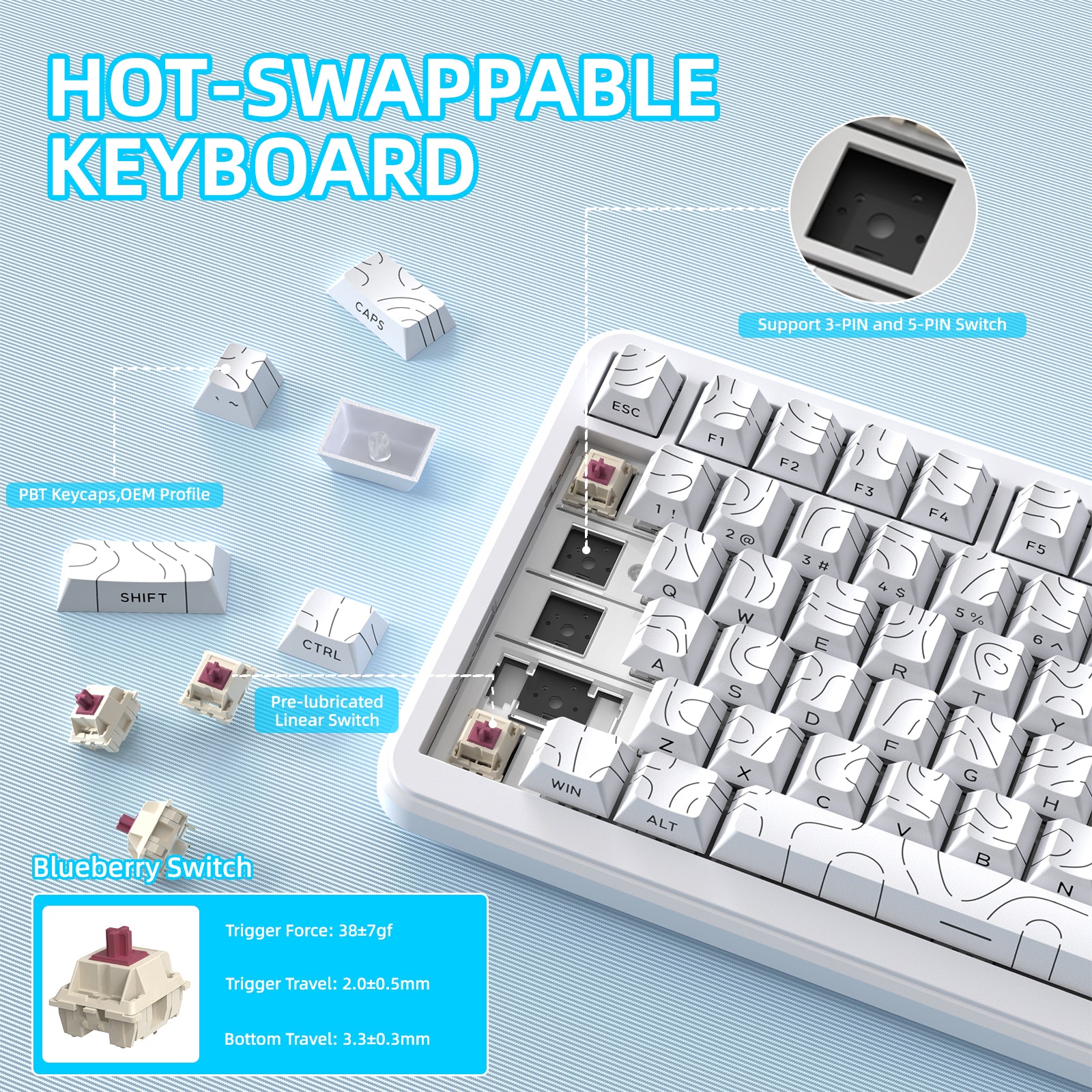 ATTACK SHARK X85PRO hot-swappable keyboard, white PBT keycaps, Blueberry switches, 3/5-pin switch support, OEM profile