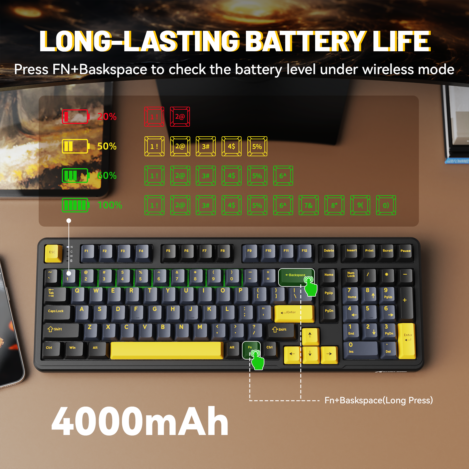 ATTACK SHARK X98 mechanical keyboard, battery life check