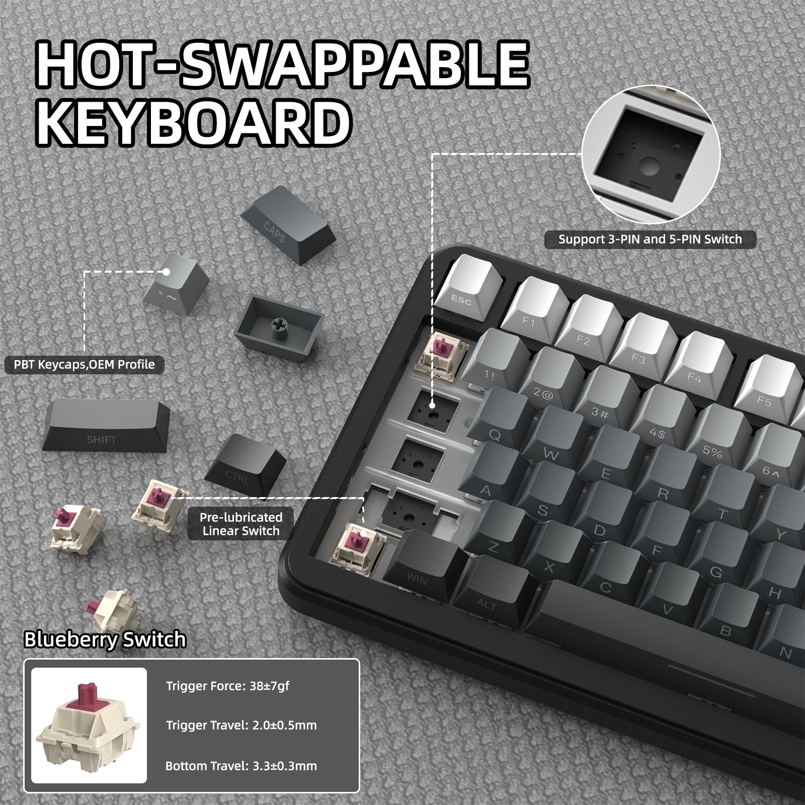 ATTACK SHARK X85PRO hot-swappable keyboard with PBT keycaps, Blueberry switches, and 3/5-PIN switch support.