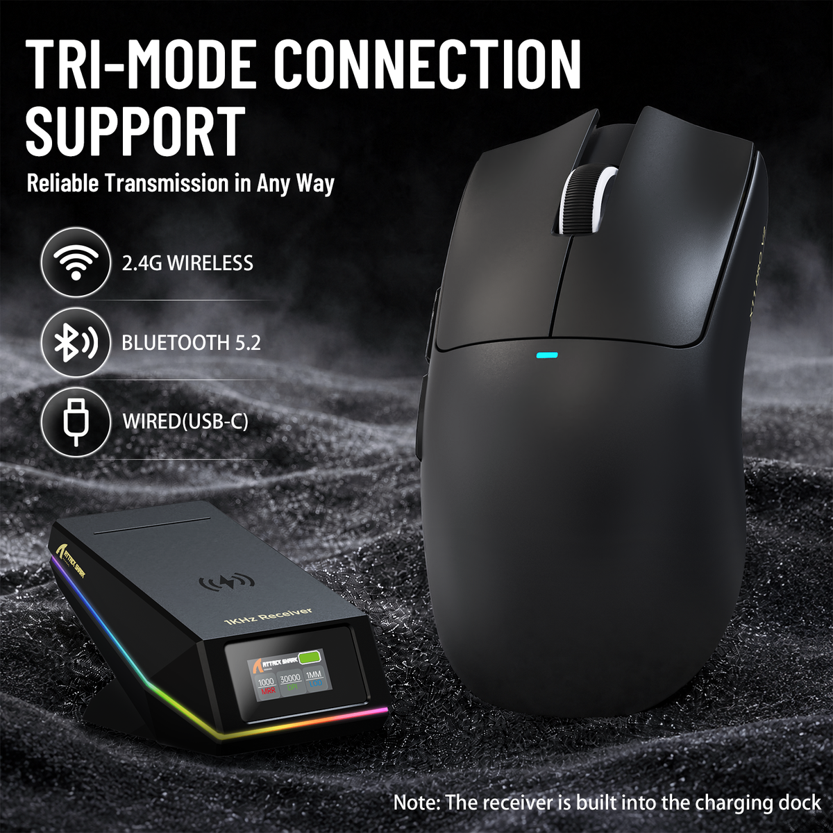 Mouse da gioco wireless ATTACK SHARK X11 PRO V2 con display TFT, dock di ricarica e cavo a spirale C06