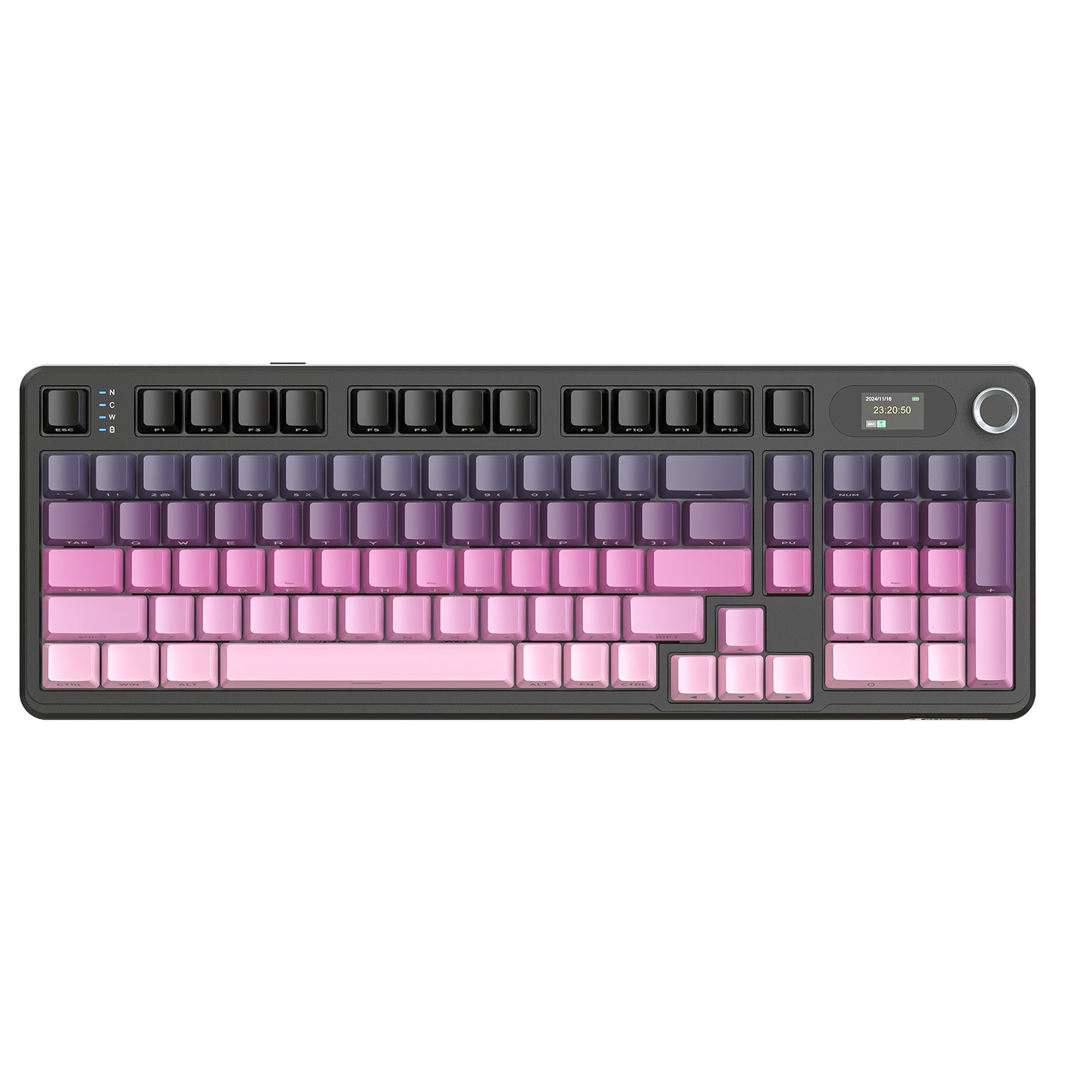 ATTACK SHARK X98PRO wireless gaming keyboard with pink and purple keycaps, LED screen and knob
