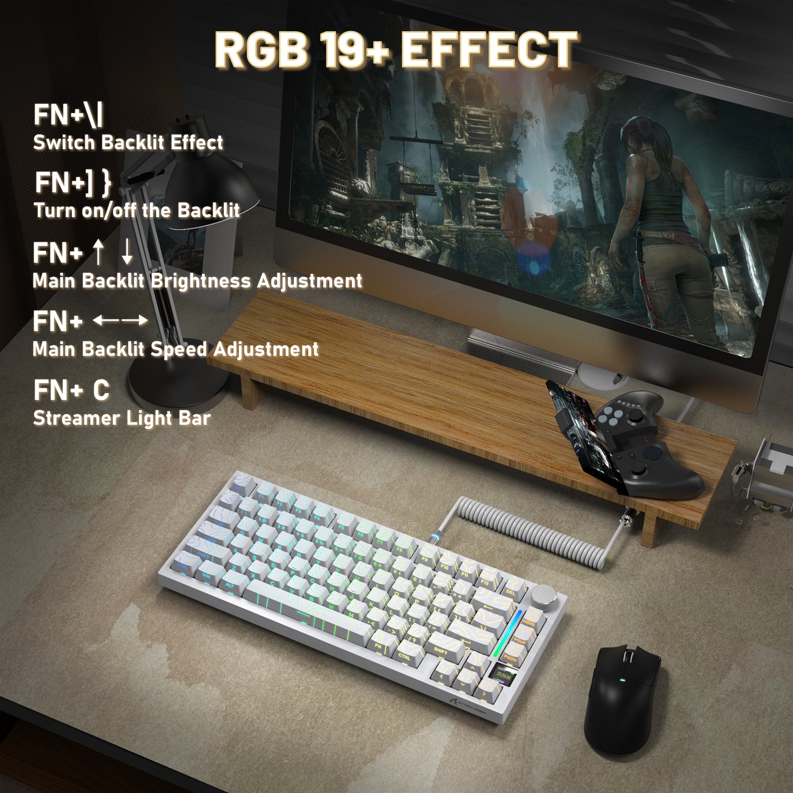 ATTACK SHARK X820ULTRA white mechanical keyboard with RGB lighting and coiled cable.