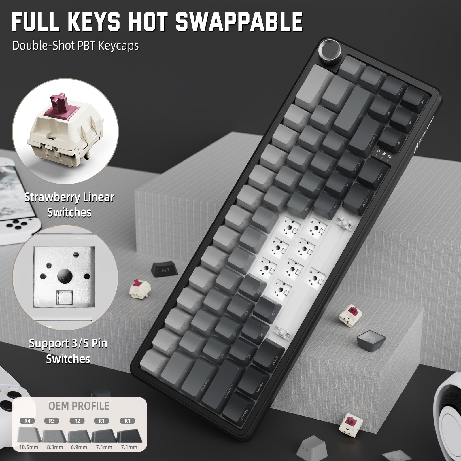 X66 Mechanical Keyboard with hot-swappable, gray PBT keycaps, Strawberry switches. Supports 3/5 pin switches.