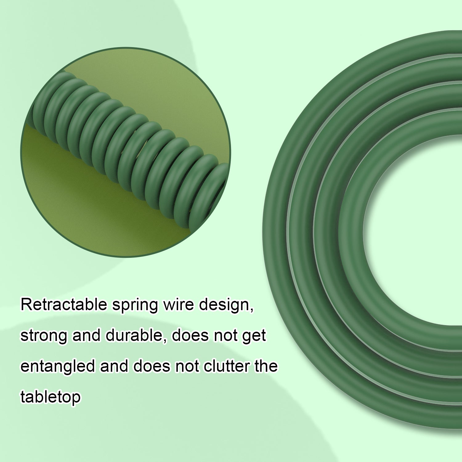Green coiled USB-C keyboard cable, featuring a retractable spring wire design for durability and organization.