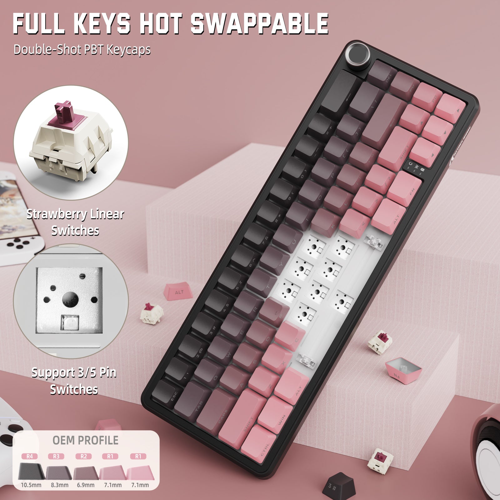 ATTACK SHARK X66 mechanical keyboard, hot-swappable with side-printed PBT keycaps, Strawberry switches, and pink/gray design.
