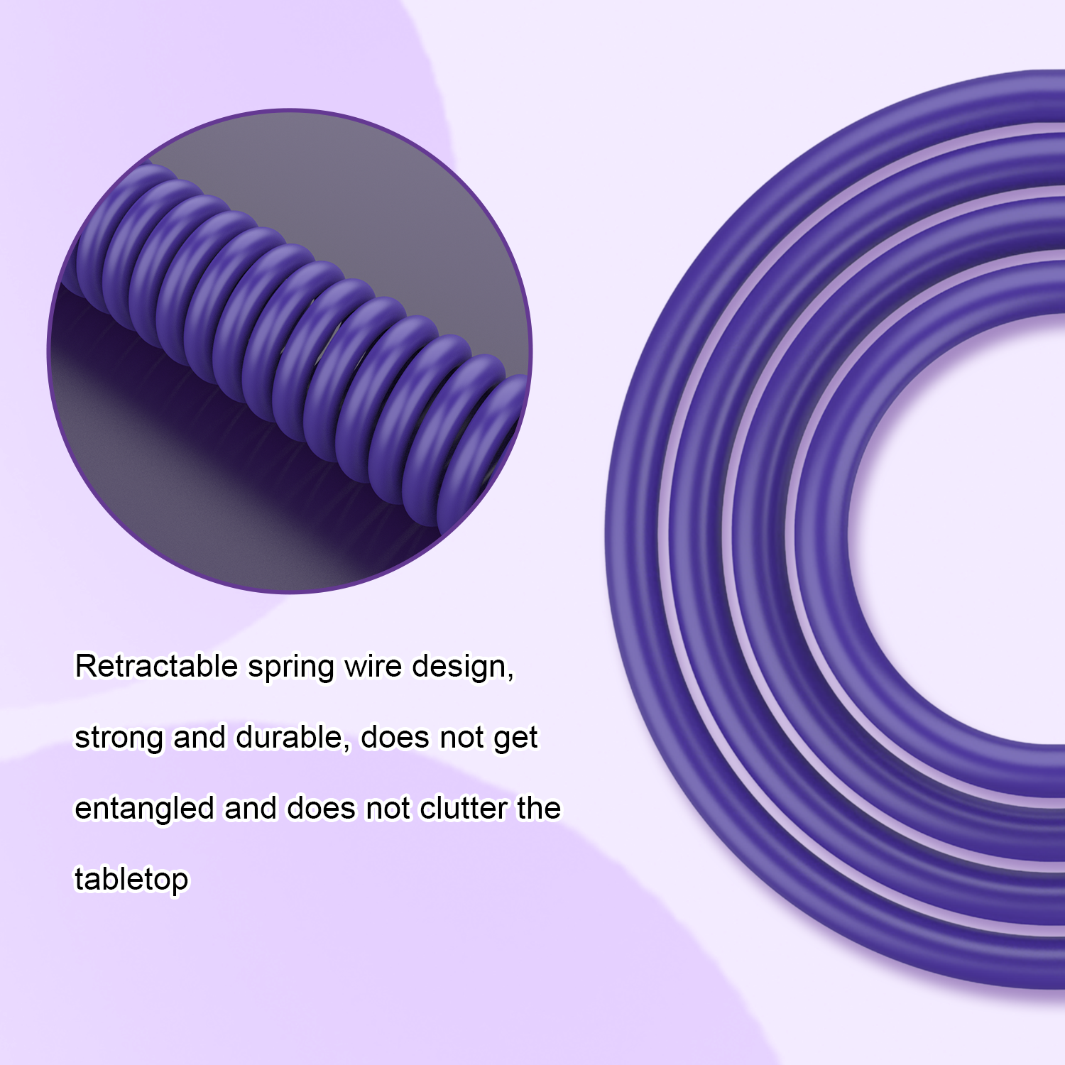 Purple coiled USB C keyboard cable with detachable aviator connector, showcasing its durable and tangle-free design.