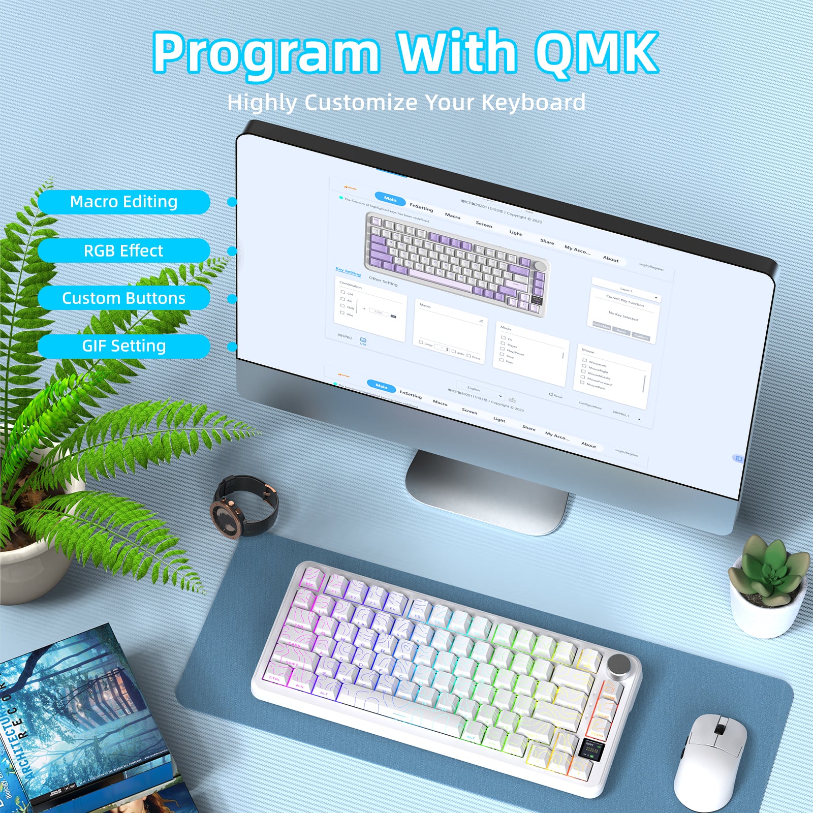 ATTACK SHARK X85PRO mechanical keyboard showcasing QMK customization options, RGB effects, and custom button settings.