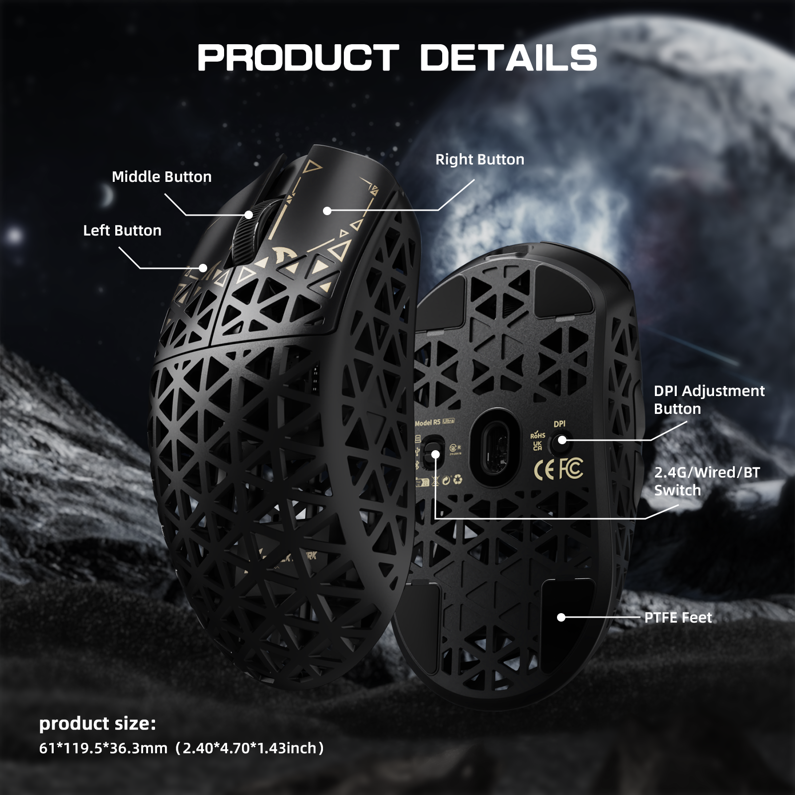 ATTACK SHARK R5 ULTRA Mouse da Gaming Wireless in Fibra di Carbonio 8K PAW3950MAX