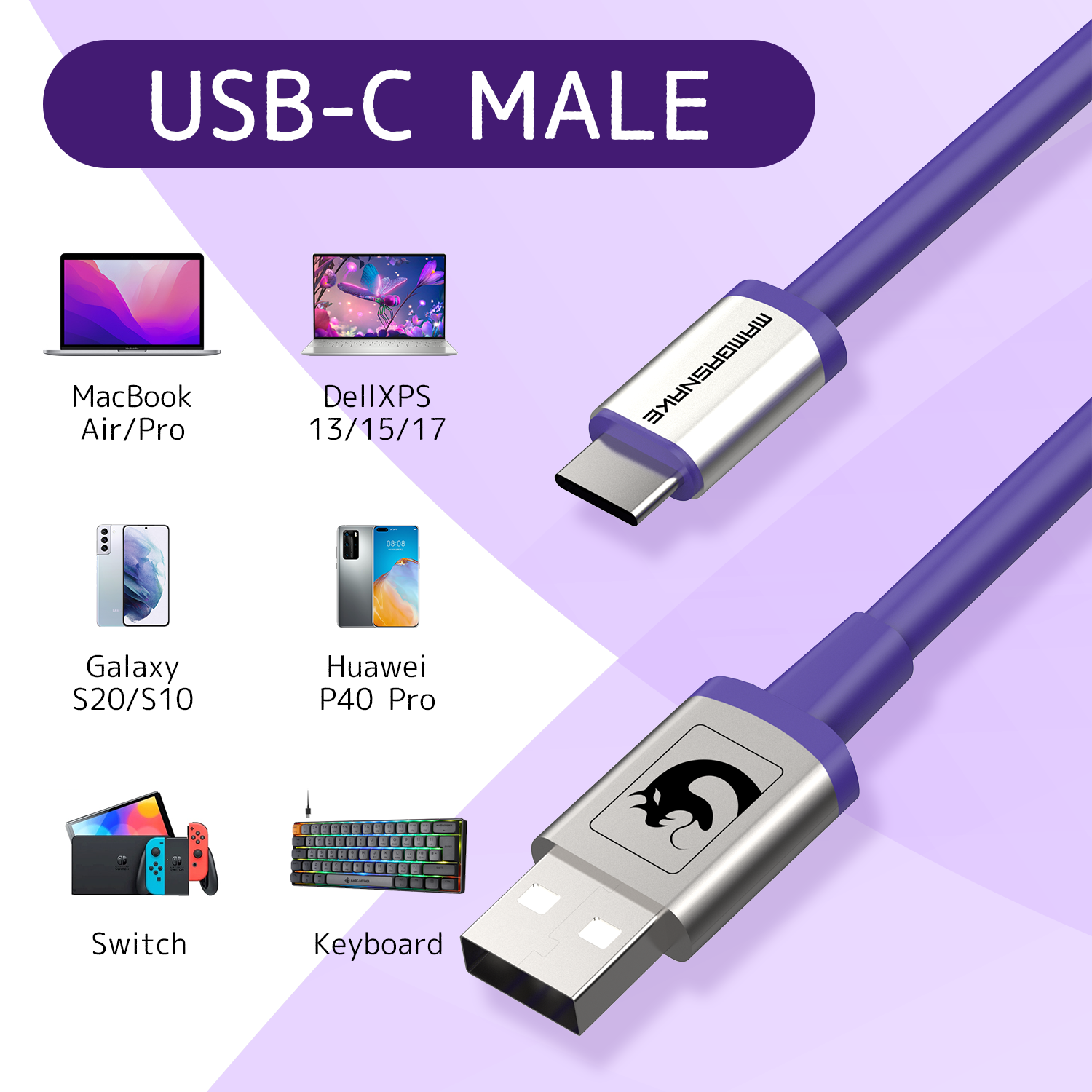 Purple coiled USB-C cable with silver connectors, compatible with MacBook, Dell XPS, Galaxy, Huawei, Switch, and keyboard.