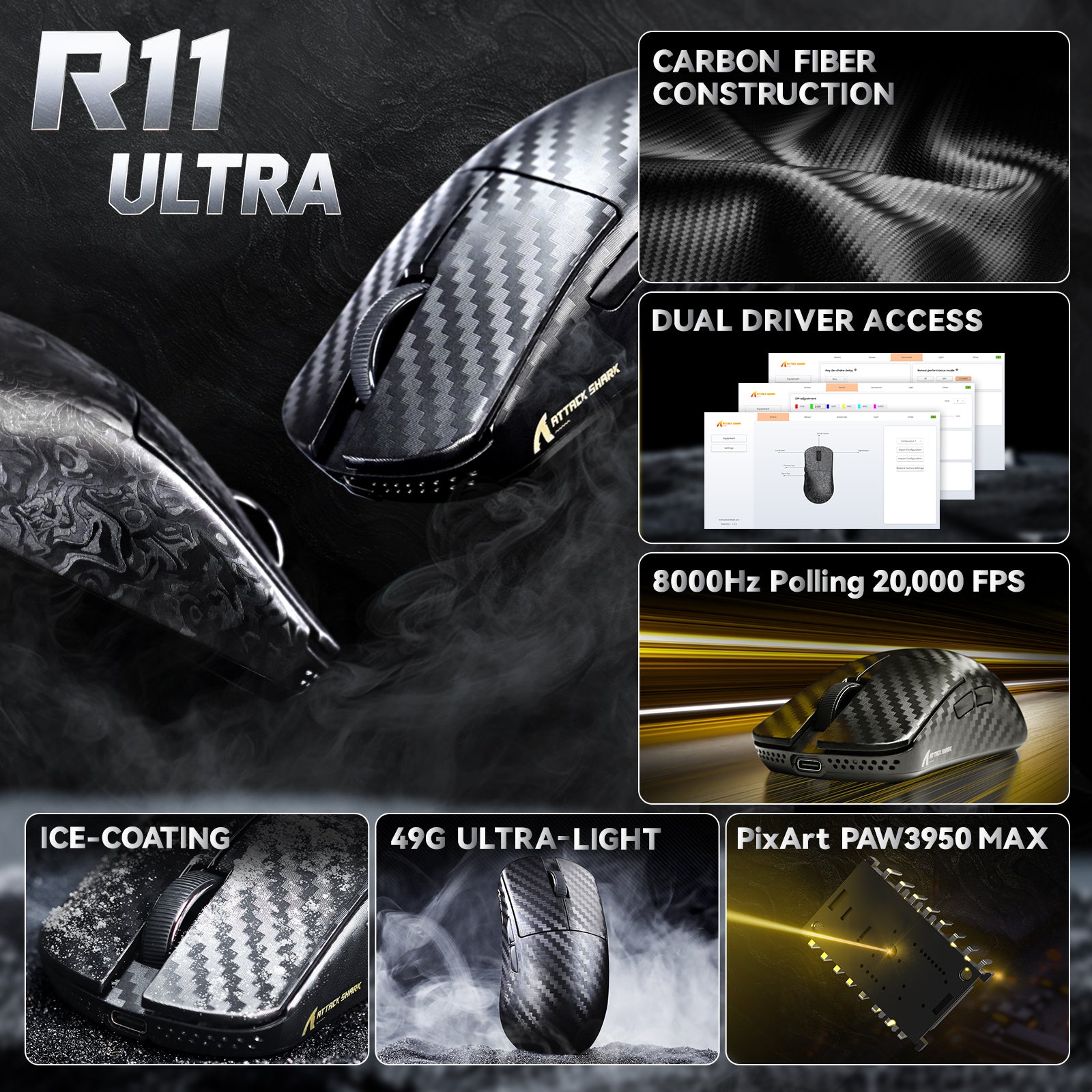 ATTACK SHARK R11 ULTRA Mouse da gioco wireless in fibra di carbonio 8K PAW3950MAX con cavo LED Ultra C06