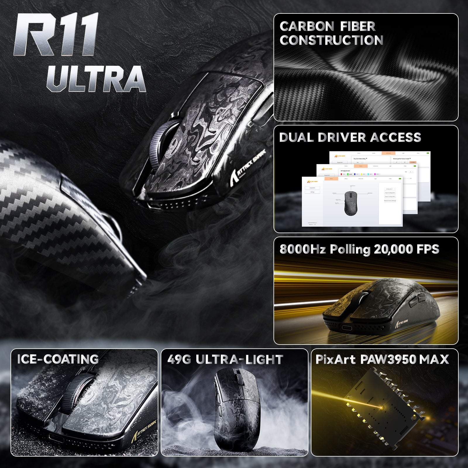 ATTACK SHARK R11 ULTRA Mouse da gioco wireless in fibra di carbonio 8K PAW3950MAX con cavo LED Ultra C06