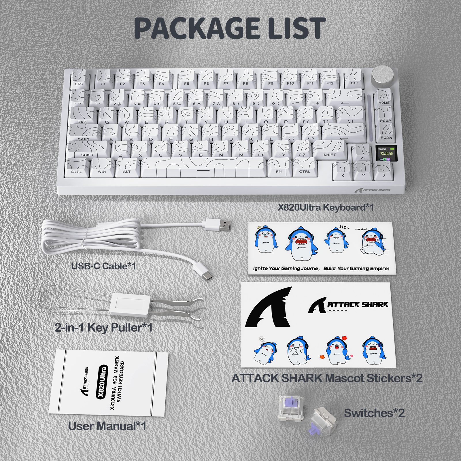 White X820Ultra keyboard with textured keycaps, USB-C cable, key puller, manual, mascot stickers, and switches.