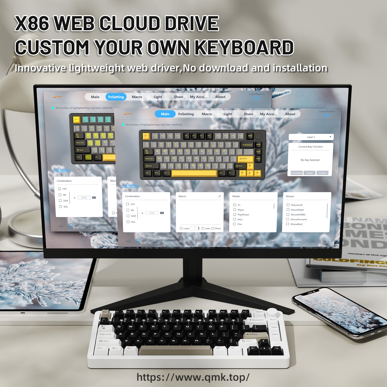 ATTACK SHARK X86 keyboard customization software interface, white keycaps and web cloud drive function.