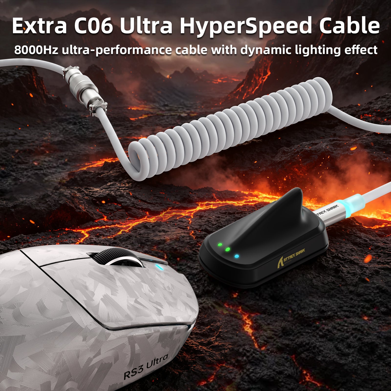 Mouse da gioco wireless ATTACK SHARK RS3 ULTRA in fibra di carbonio PAW3955MAX con cavo LED Ultra C06