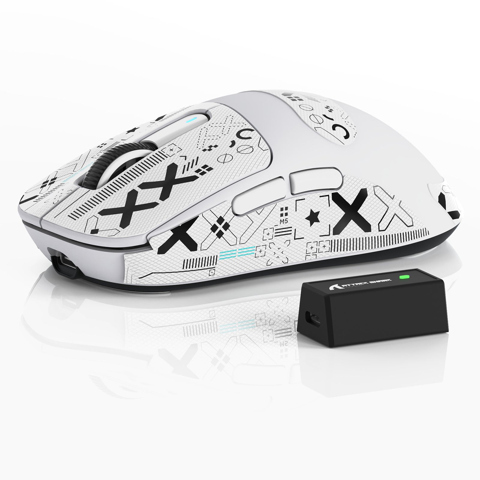 ATTACK SHARK X3PRO gaming mouse with white body and receiver, with geometric pattern, wireless mouse for gamers