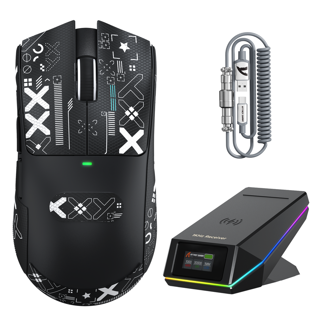 Mouse da gioco wireless ATTACK SHARK X11 PRO V2 con display TFT, dock di ricarica e cavo a spirale C06