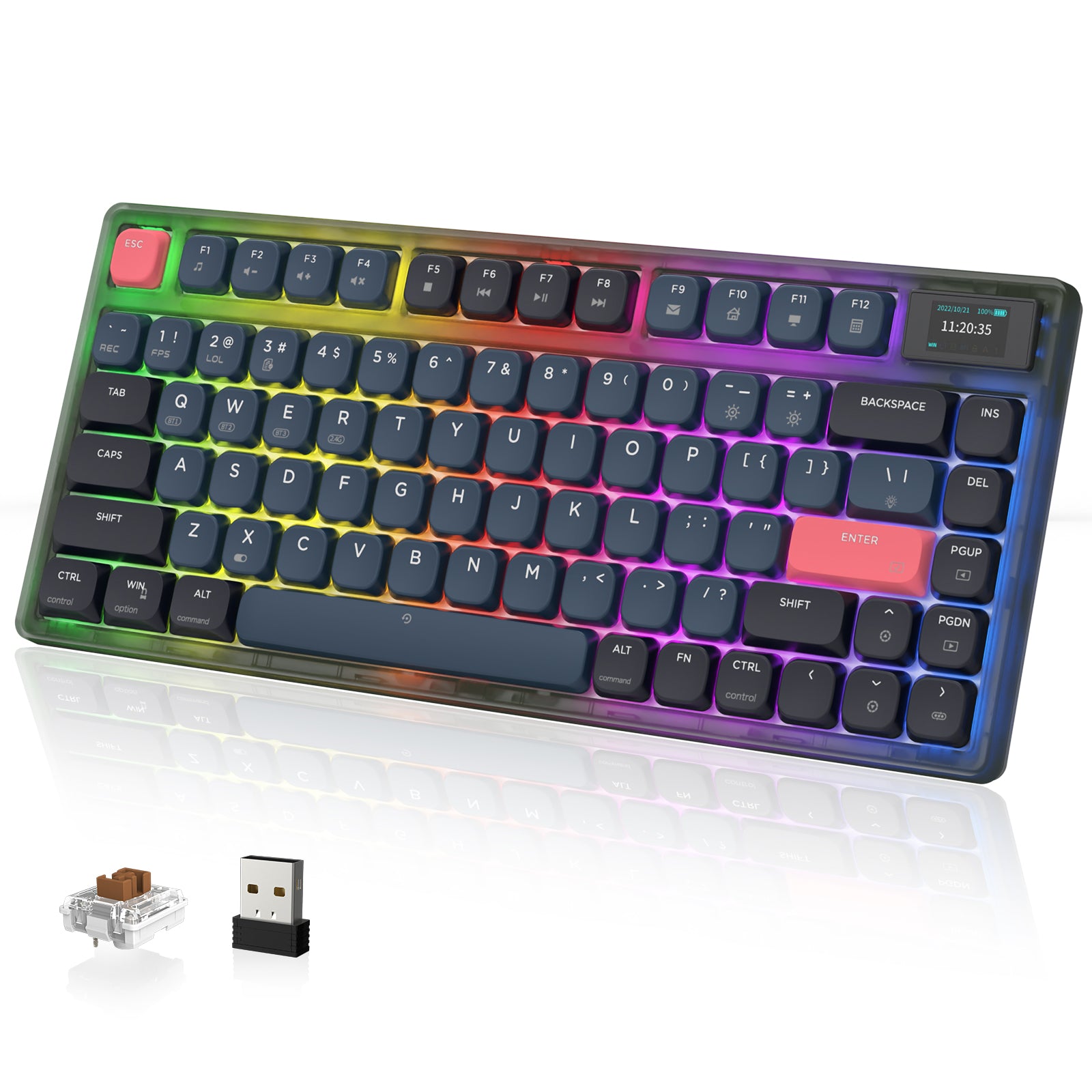 ATTACK SHARK AJAZZ AK832 low profile mechanical keyboard with RGB lighting and TFT-LCD display.