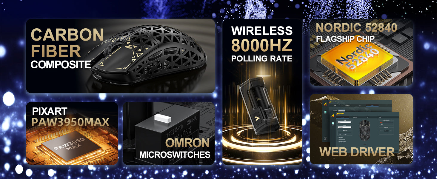 ATTACK SHARK R5 ULTRA Mouse da Gaming Wireless in Fibra di Carbonio 8K PAW3950MAX con Cavo a Molla 8K