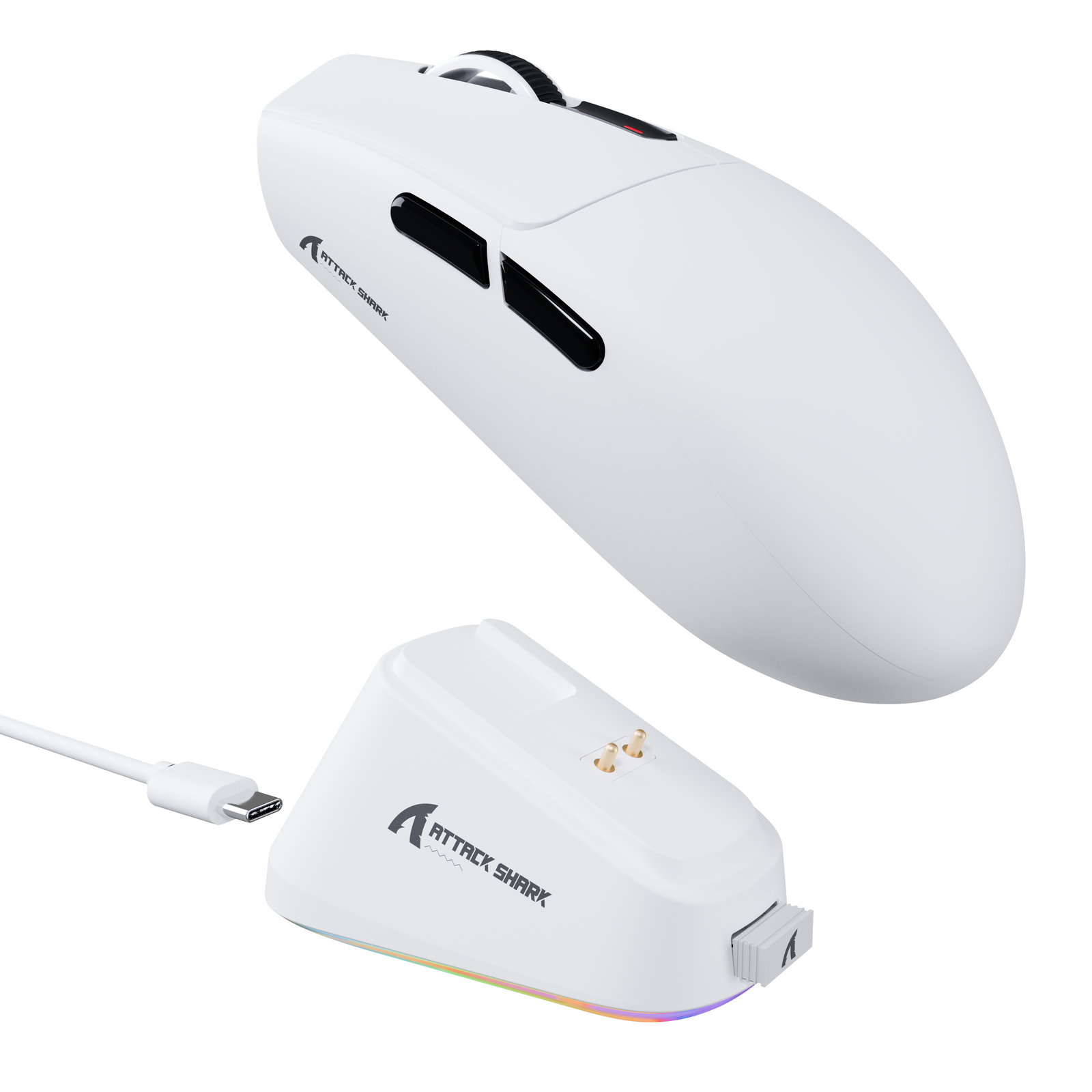 ATTACK SHARK G3PRO wireless gaming mouse with charging dock. White gaming mouse with black accents and RGB charging base