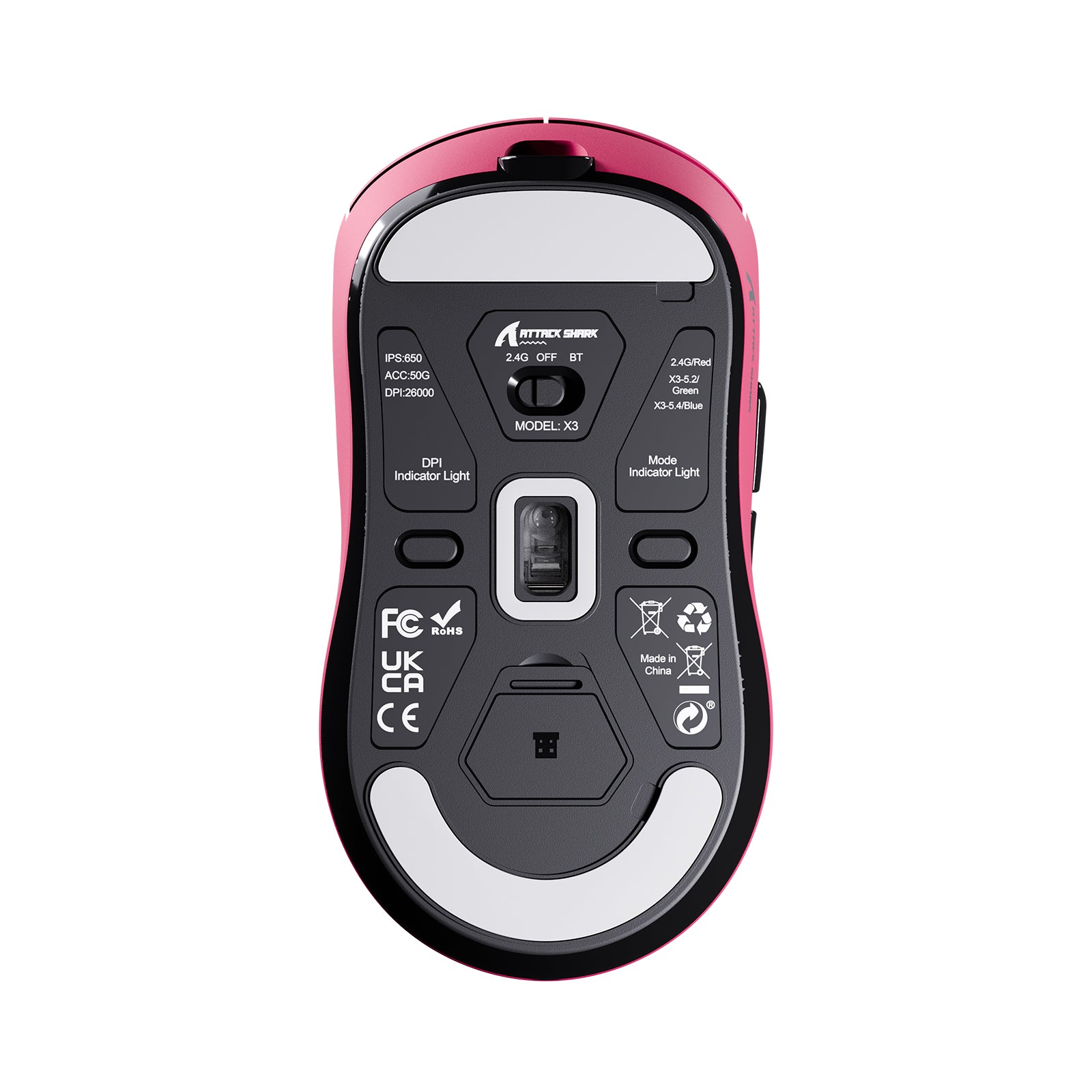 ATTACK SHARK X3 Wireless Gaming Mouse Bottom View - Pink, showing model information and specifications.