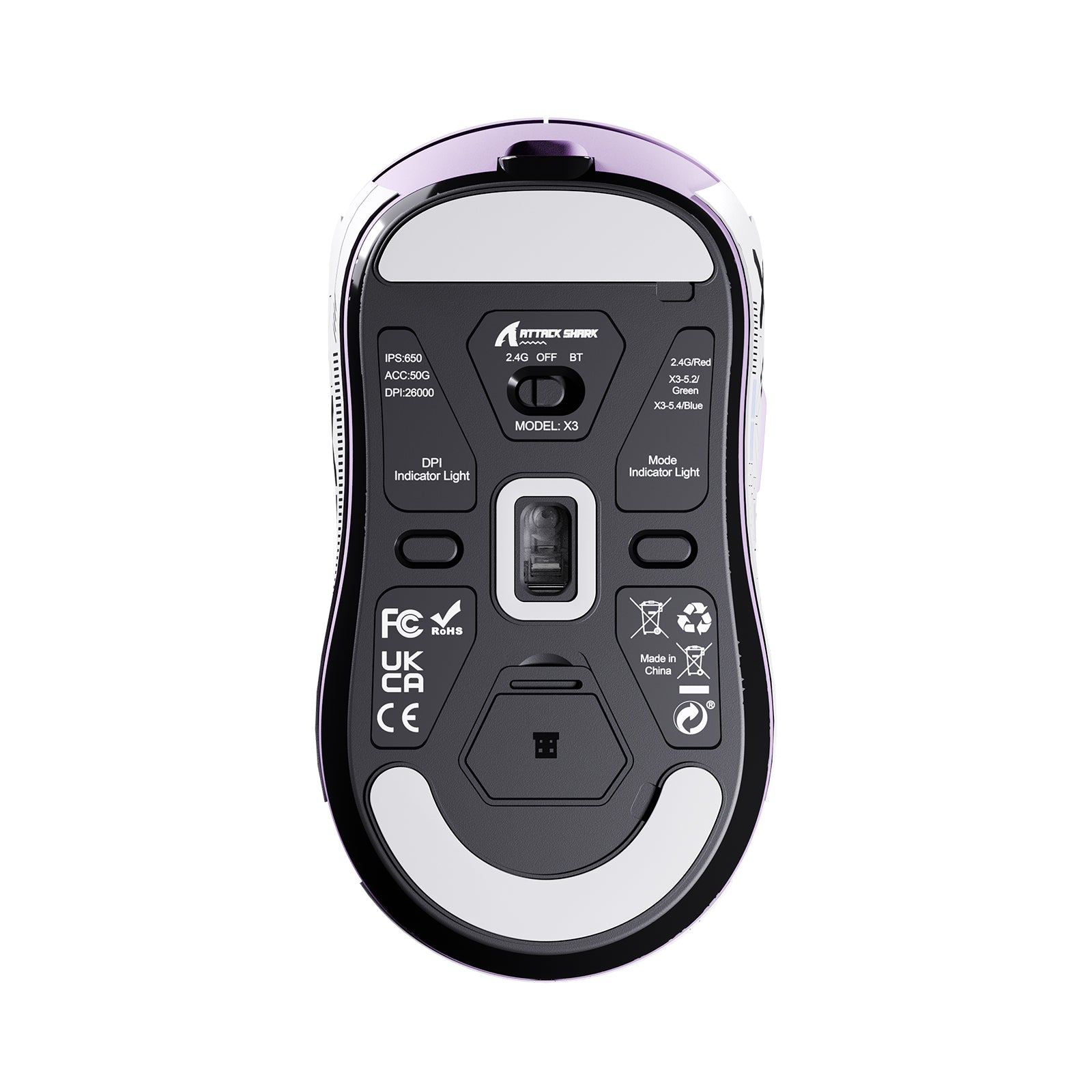 ATTACK SHARK X3 Wireless Gaming Mouse bottom view with model details, 2.4G/BT options, and DPI indicator light