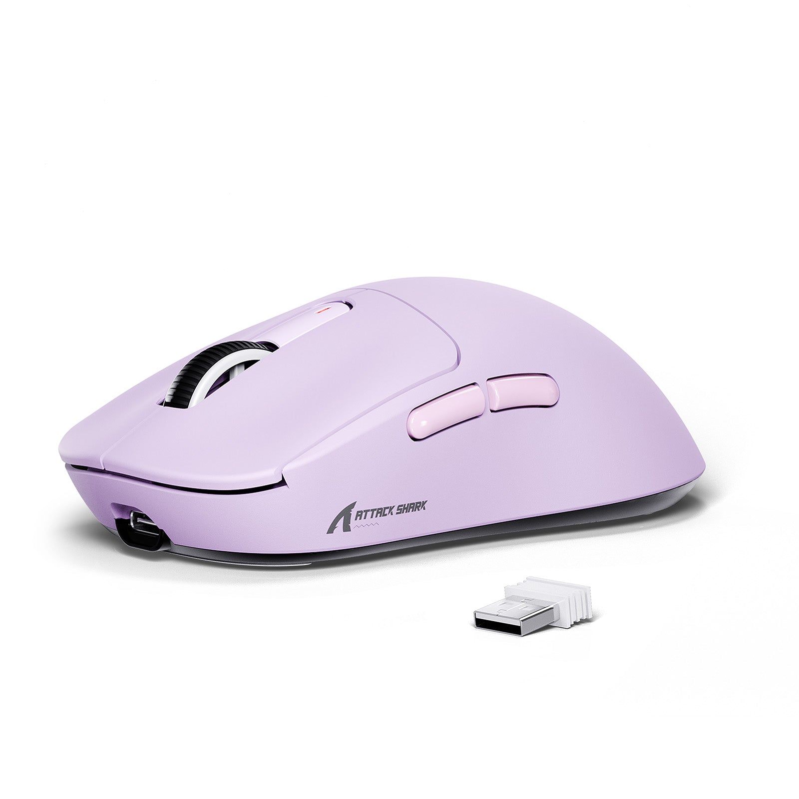 ATTACK SHARK X3 Wireless Gaming Mouse in Lavender, superlight ergonomic design, with logo and dongle.